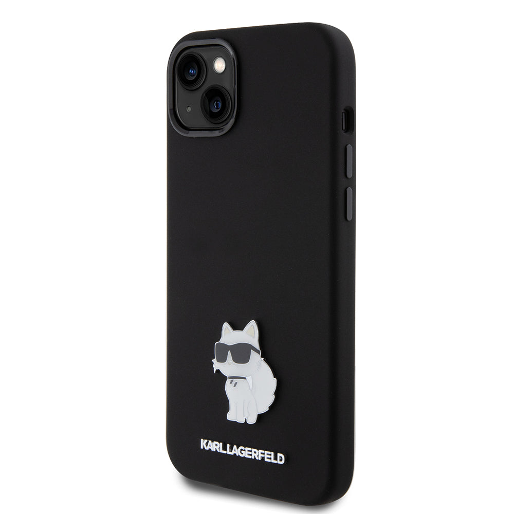 Hülle für Apple iPhone 15 Plus, Karl Lagerfeld, Silicone Choupette Metal, Schwarz