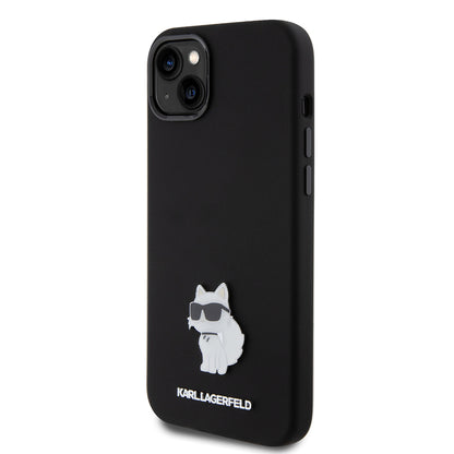 Hülle für Apple iPhone 15 Plus, Karl Lagerfeld, Silicone Choupette Metal, Schwarz