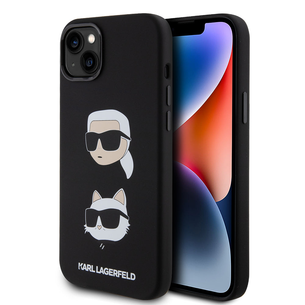 Case for Apple iPhone 15 Plus, Karl Lagerfeld, Silicone Karl & Choupette's Heads, Black