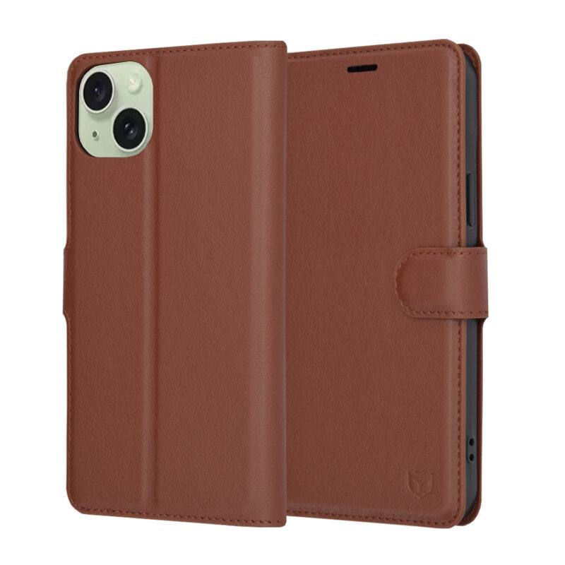 Hülle für Apple iPhone 15 Plus, Techsuit, Leder-Folio, Braun