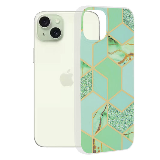 Hülle für Apple iPhone 15 Plus, Techsuit, Marble, Grün