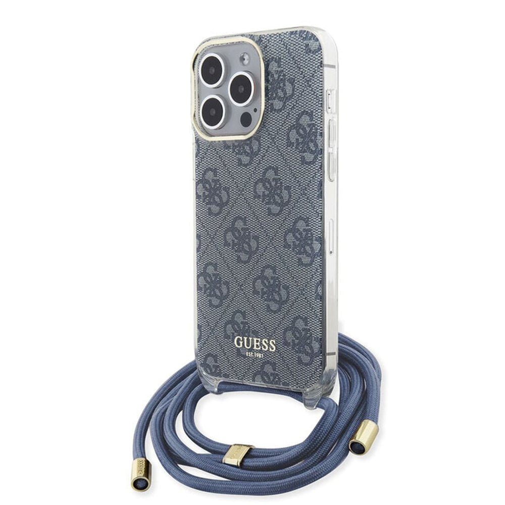 Hülle für Apple iPhone 15 Pro, Guess, Crossbody Cord 4G Print, Blau