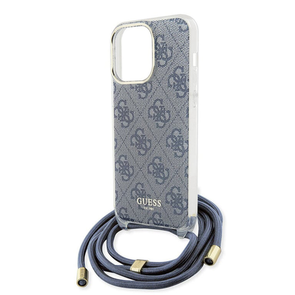 Hülle für Apple iPhone 15 Pro, Guess, Crossbody Cord 4G Print, Blau
