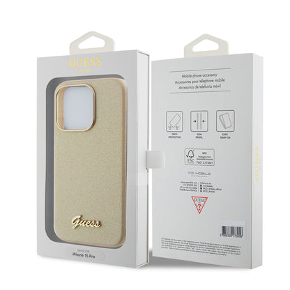 Hülle für Apple iPhone 15 Pro, Guess, Glitter Glossy Script, Beige
