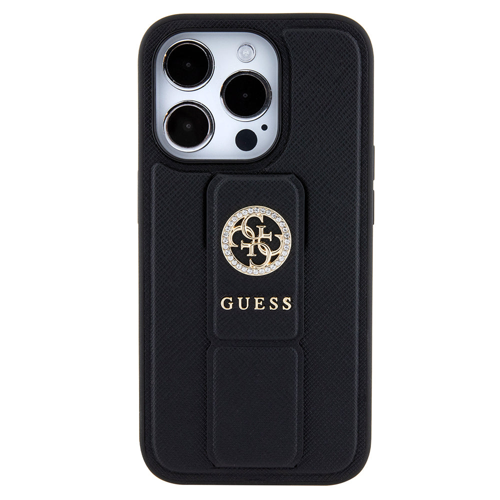 Case for Apple iPhone 15 Pro, Guess, Grip Stand 4G Saffiano Strass, Black