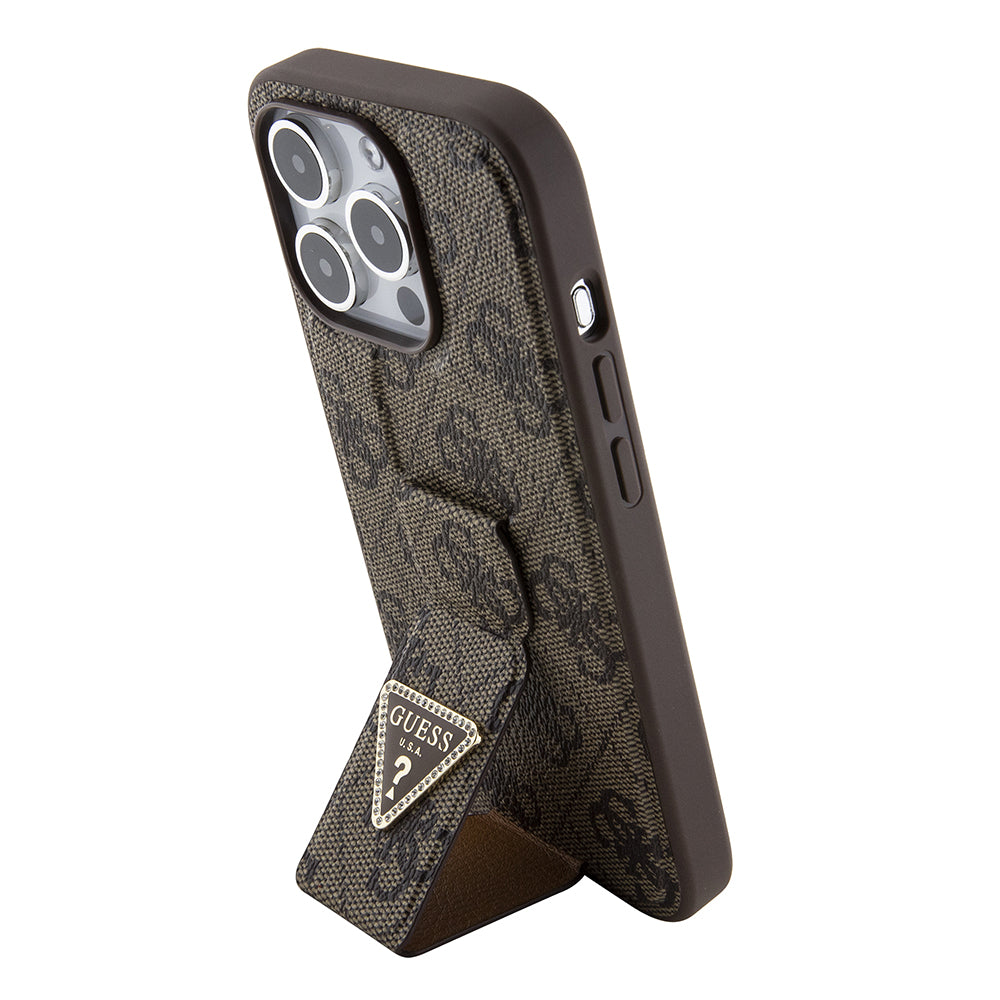 Hülle für Apple iPhone 15 Pro, Guess, Grip Stand 4G Triangle Strass, Braun