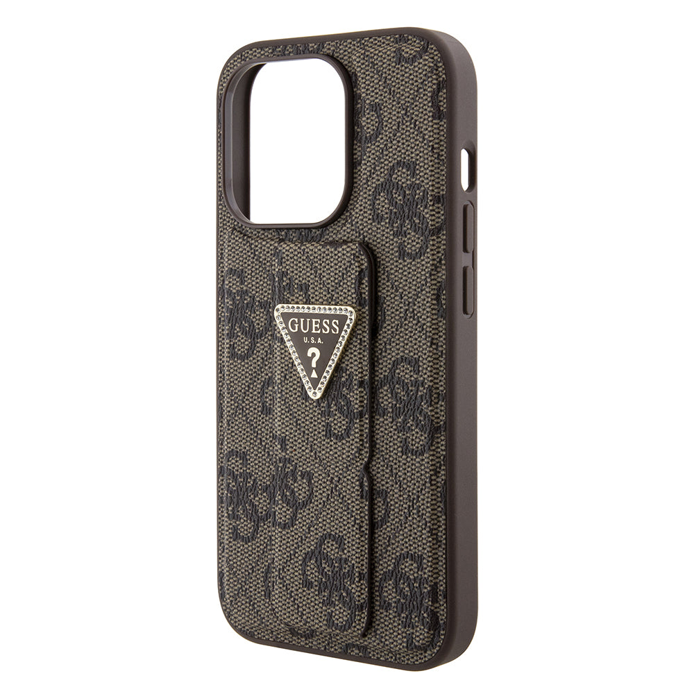 Hülle für Apple iPhone 15 Pro, Guess, Grip Stand 4G Triangle Strass, Braun