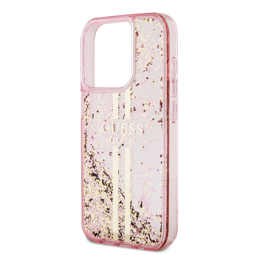 Hülle für Apple iPhone 15 Pro, Guess, Liquid Glitter Gold Stripes, Rosa
