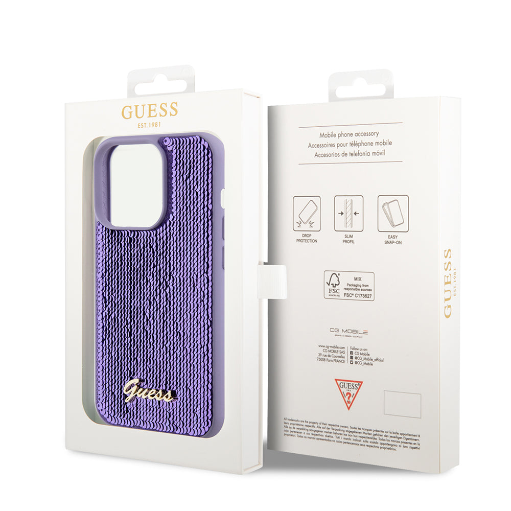 Hülle für Apple iPhone 15 Pro, Guess, Sequin Script Metal, Lila