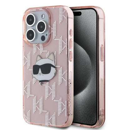 Hülle für Apple iPhone 15 Pro, Karl Lagerfeld, IML Luxury Monogram Choupette's Head, Rosa