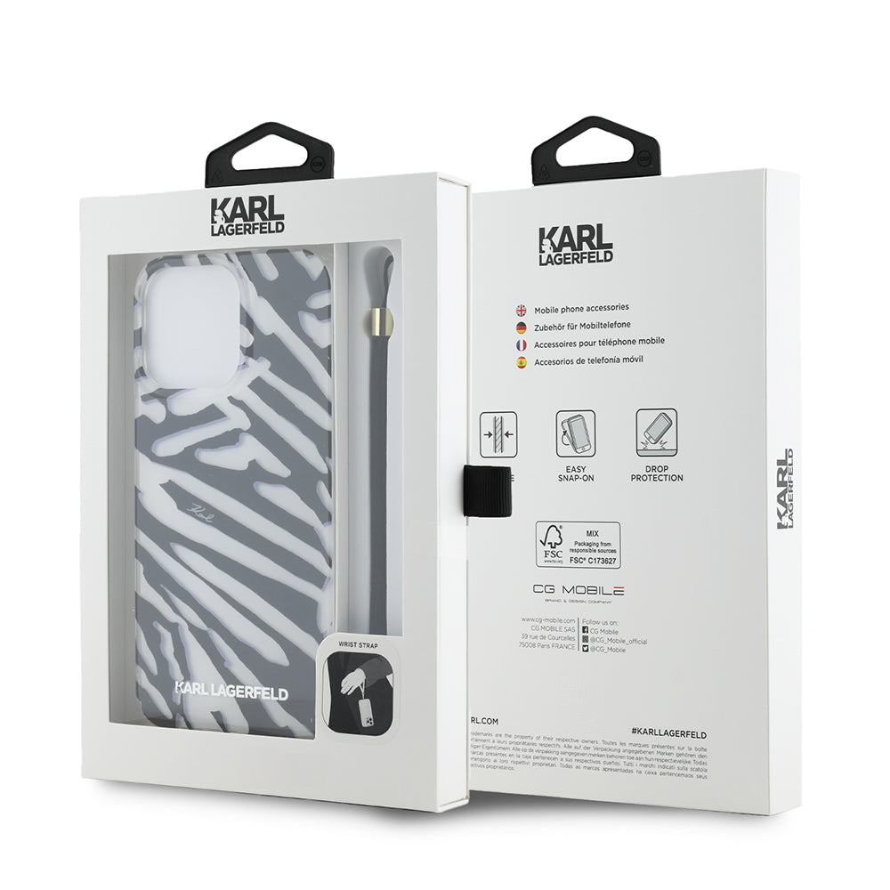 Case for Apple iPhone 15 Pro, Karl Lagerfeld, IML Luxury Zebra Pattern with Strap, Black
