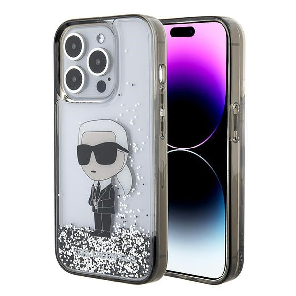 Hülle für Apple iPhone 15 Pro, Karl Lagerfeld, Liquid Glitter Ikonik Karl, Transparent