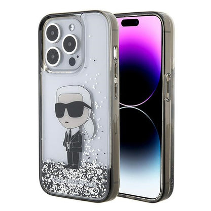 Hülle für Apple iPhone 15 Pro, Karl Lagerfeld, Liquid Glitter Ikonik Karl, Transparent