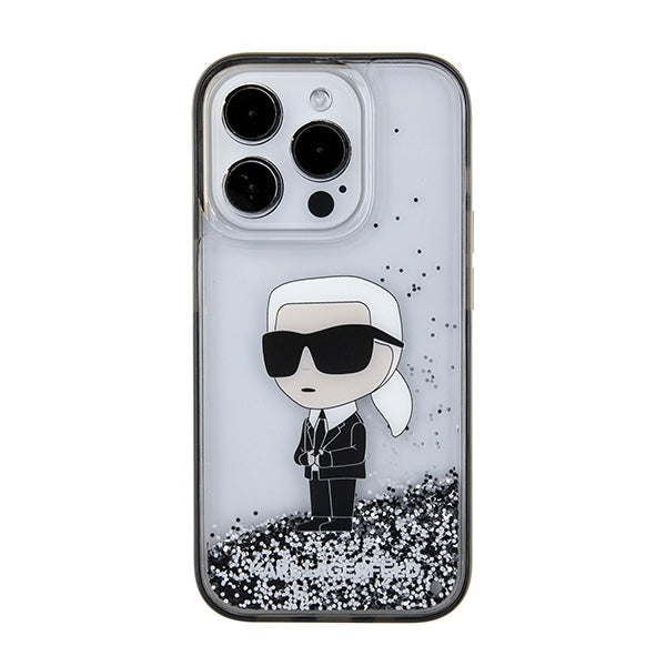 Hülle für Apple iPhone 15 Pro, Karl Lagerfeld, Liquid Glitter Ikonik Karl, Transparent