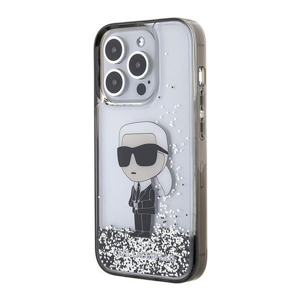 Hülle für Apple iPhone 15 Pro, Karl Lagerfeld, Liquid Glitter Ikonik Karl, Transparent
