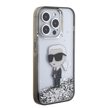 Hülle für Apple iPhone 15 Pro, Karl Lagerfeld, Liquid Glitter Ikonik Karl, Transparent