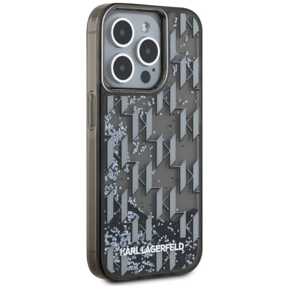 Hülle für Apple iPhone 15 Pro, Karl Lagerfeld, Liquid Glitter Monogram, Schwarz