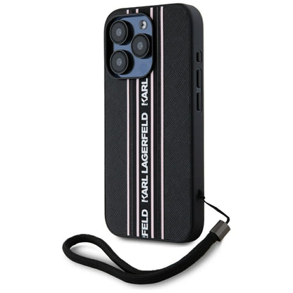 Hülle für Apple iPhone 15 Pro, Karl Lagerfeld, Saffiano Athleisure Stripes with Strap, Rosa