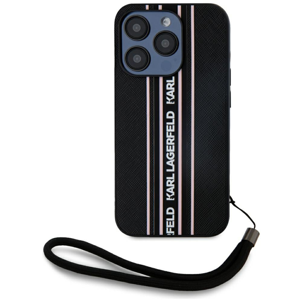 Hülle für Apple iPhone 15 Pro, Karl Lagerfeld, Saffiano Athleisure Stripes with Strap, Rosa
