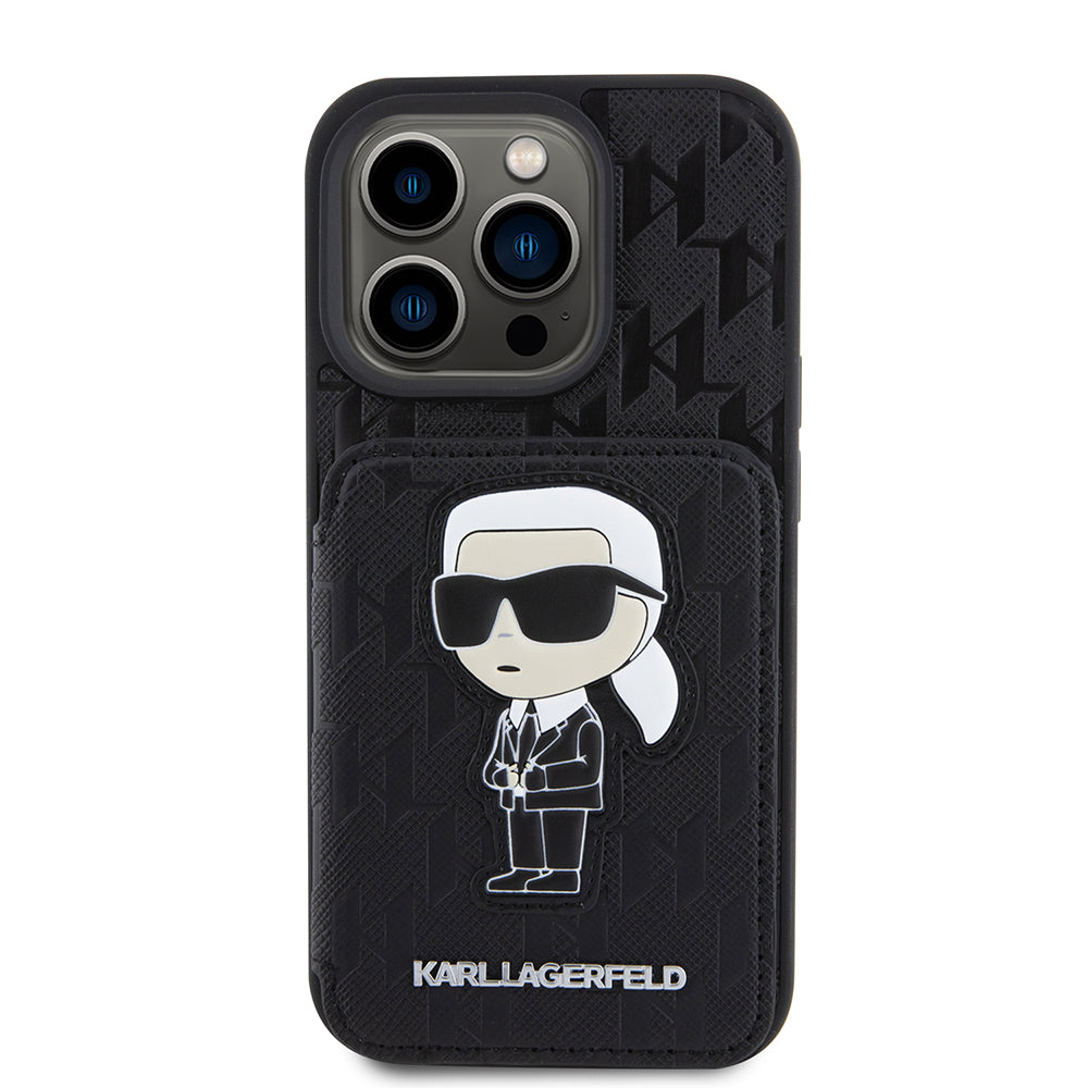 Hülle für Apple iPhone 15 Pro, Karl Lagerfeld, Saffiano Kartenfächer und Ständer Monogram Ikonik Karl, Schwarz