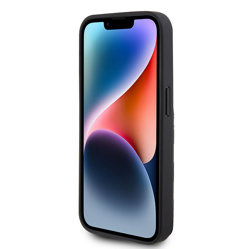 Hülle für Apple iPhone 15 Pro, Karl Lagerfeld, Saffiano Kartenfächer und Ständer Monogram Ikonik Karl, Schwarz