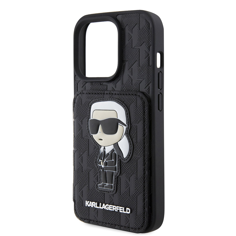 Hülle für Apple iPhone 15 Pro, Karl Lagerfeld, Saffiano Kartenfächer und Ständer Monogram Ikonik Karl, Schwarz