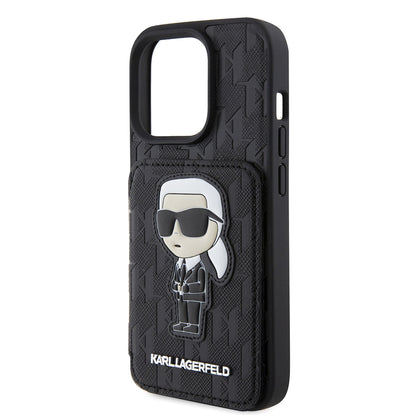 Hülle für Apple iPhone 15 Pro, Karl Lagerfeld, Saffiano Kartenfächer und Ständer Monogram Ikonik Karl, Schwarz
