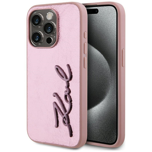 Hülle für Apple iPhone 15 Pro, Karl Lagerfeld, Metal Signature, Rosa