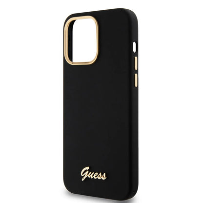 Hülle für Apple iPhone 15 Pro Max, Guess, Script Metal Logo & Rahmen, Schwarz