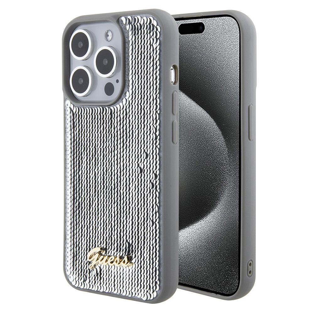 Hülle für Apple iPhone 15 Pro Max, Guess, Sequin Script Metal, Silber