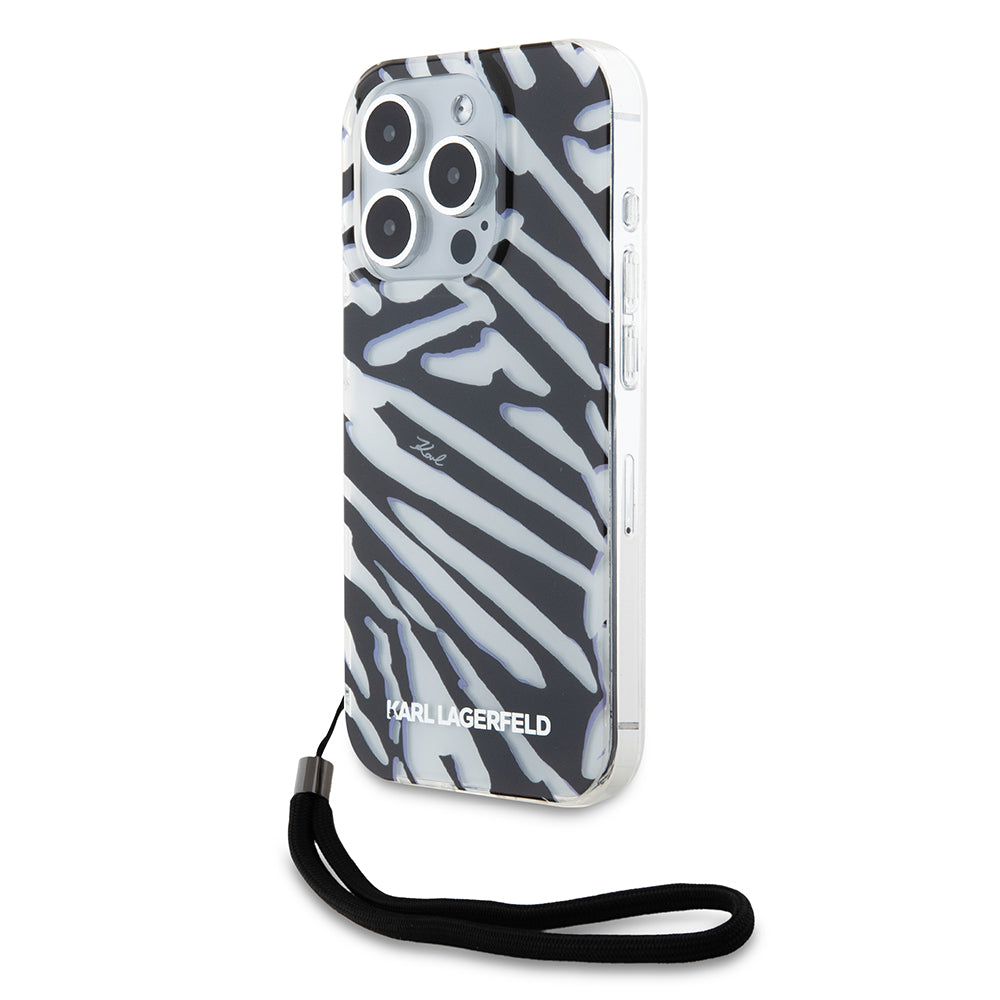 Hülle für Apple iPhone 15 Pro Max, Karl Lagerfeld, IML Luxury Zebra Muster mit Trageriemen, Schwarz