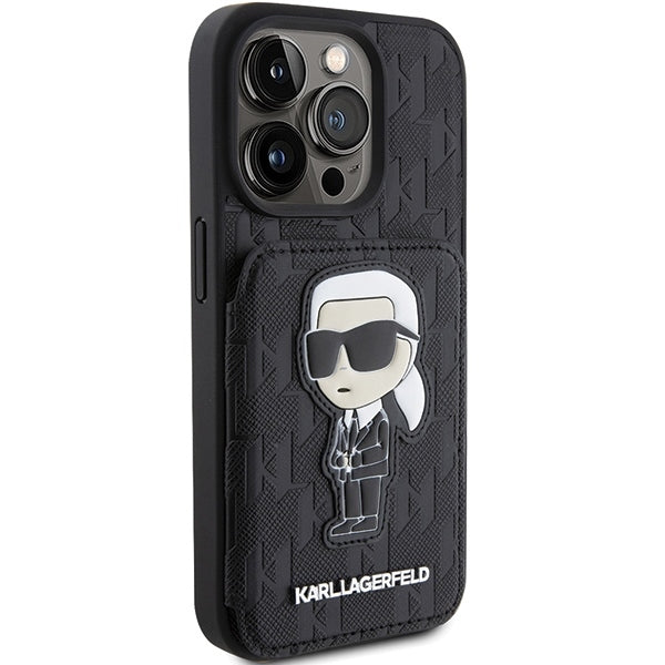 Case for Apple iPhone 15 Pro Max, Karl Lagerfeld, Saffiano Cardslots and Stand Monogram Ikonik Karl, Black