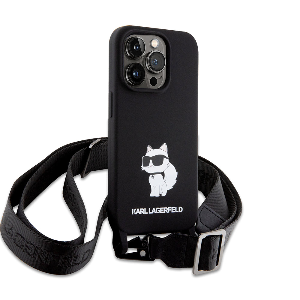 Hülle für Apple iPhone 15 Pro Max, Karl Lagerfeld, Silikon Crossbody Ikonik Karl, Schwarz
