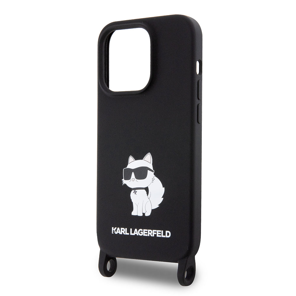 Hülle für Apple iPhone 15 Pro Max, Karl Lagerfeld, Silikon Crossbody Ikonik Karl, Schwarz