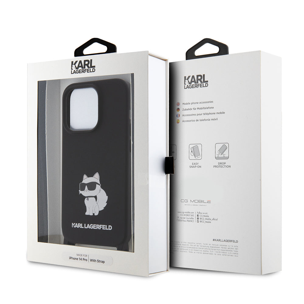 Hülle für Apple iPhone 15 Pro Max, Karl Lagerfeld, Silikon Crossbody Ikonik Karl, Schwarz