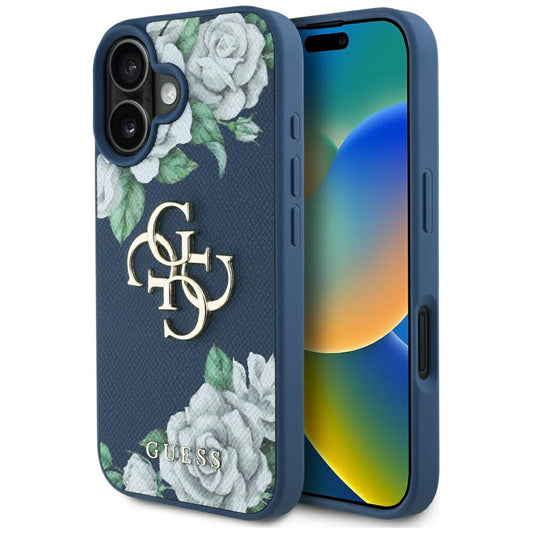 Hülle für Apple iPhone 16, Guess, 4G Grained Roses Big Logo, Blau