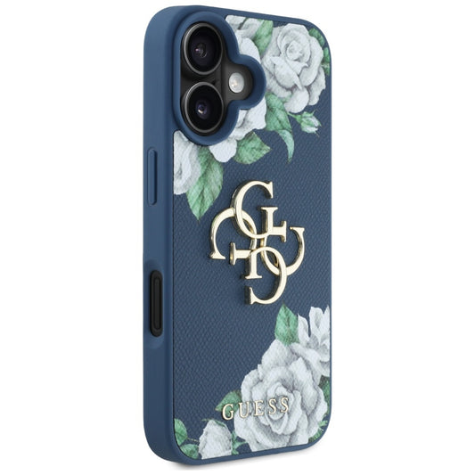 Hülle für Apple iPhone 16, Guess, 4G Grained Roses Big Logo, Blau