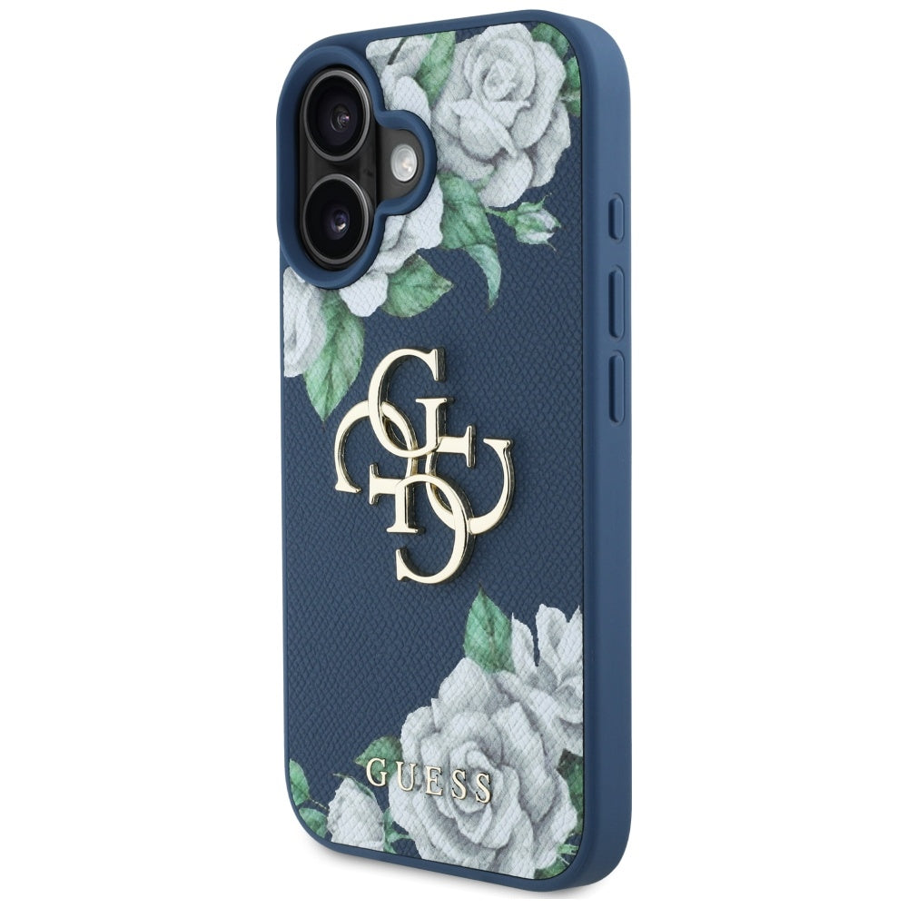 Hülle für Apple iPhone 16, Guess, 4G Grained Roses Big Logo, Blau