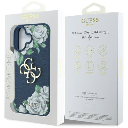 Hülle für Apple iPhone 16, Guess, 4G Grained Roses Big Logo, Blau