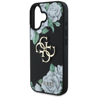 Hülle für Apple iPhone 16, Guess, 4G Grained Roses Big Logo, Schwarz