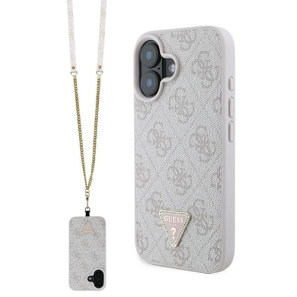 Hülle für Apple iPhone 16, Guess, Crossbody 4G Triangle Strass, Rosa