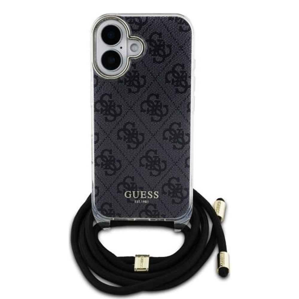 Hülle für Apple iPhone 16, Guess, Crossbody Cord 4G Print, Schwarz