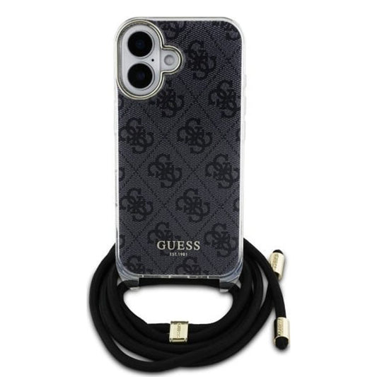 Hülle für Apple iPhone 16, Guess, Crossbody Cord 4G Print, Schwarz