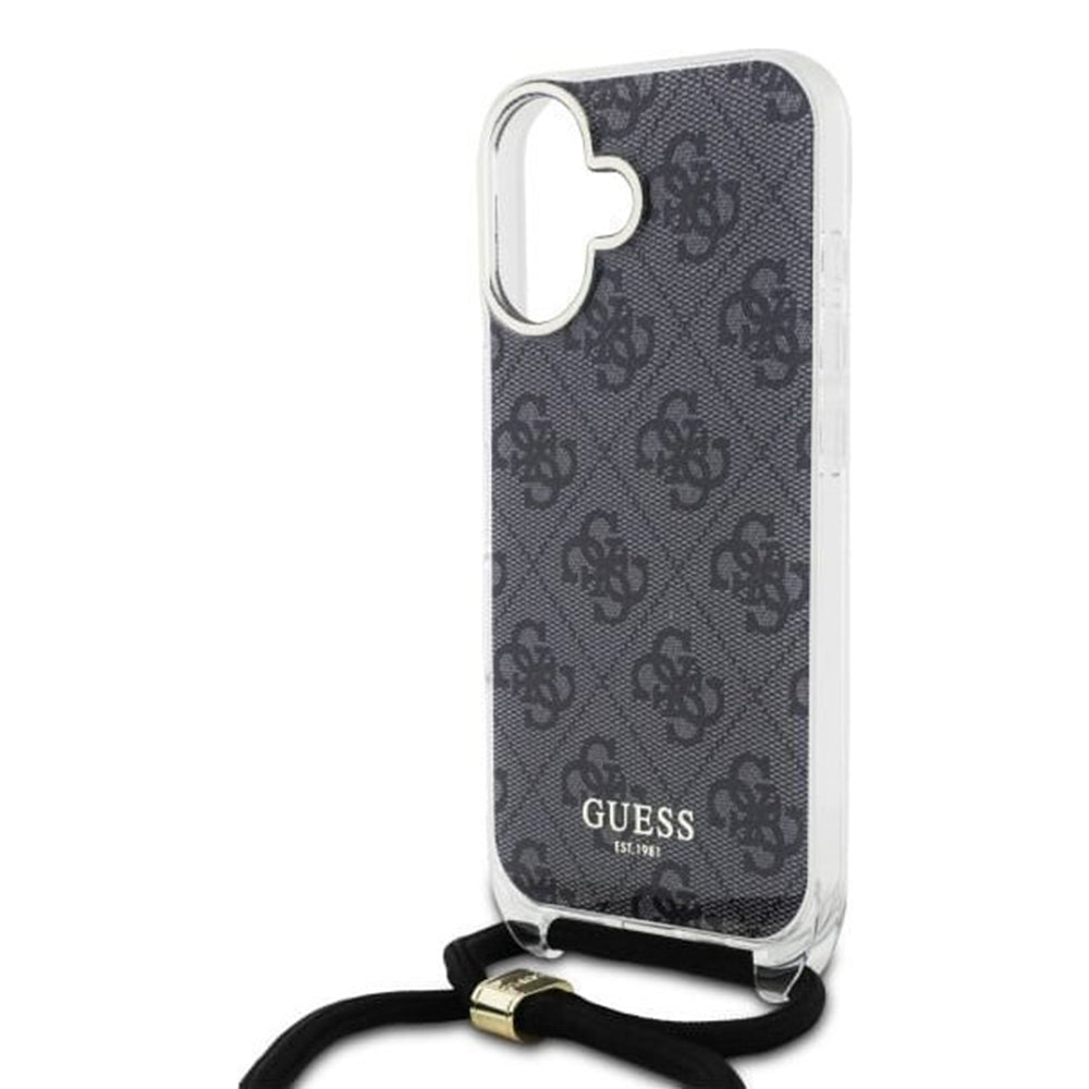 Hülle für Apple iPhone 16, Guess, Crossbody Cord 4G Print, Schwarz