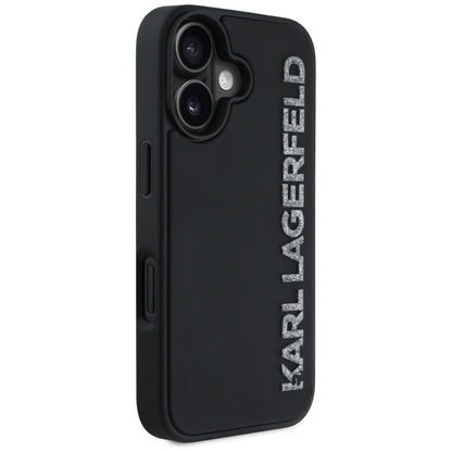 Hülle für Apple iPhone 16, Karl Lagerfeld, 3D Rubber Elongated Glitter Logo, Schwarz