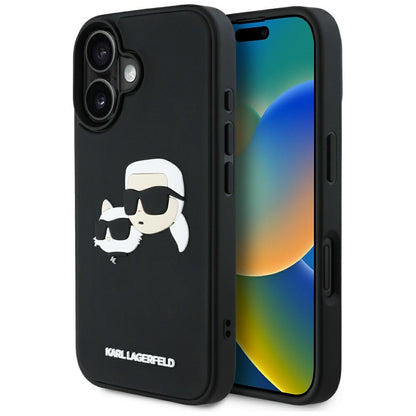 Hülle für Apple iPhone 16, Karl Lagerfeld, 3D Rubber Karl & Choupette, Schwarz