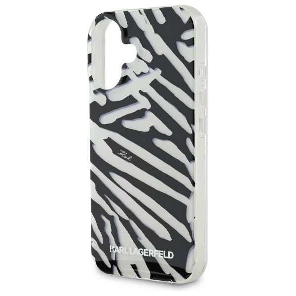 Hülle für Apple iPhone 16, Karl Lagerfeld, IML Luxury Zebra Muster mit Trageriemen, Schwarz