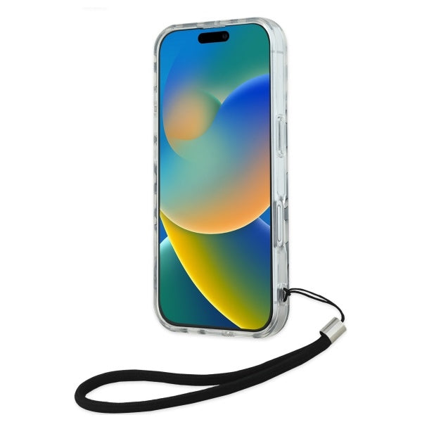 Hülle für Apple iPhone 16, Karl Lagerfeld, IML Luxury Zebra Muster mit Trageriemen, Schwarz