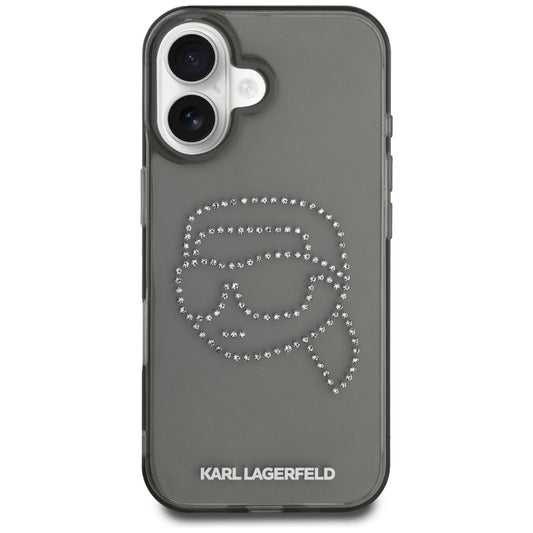 Hülle für Apple iPhone 16, Karl Lagerfeld, IML Rhinestones Karl's Head, Schwarz