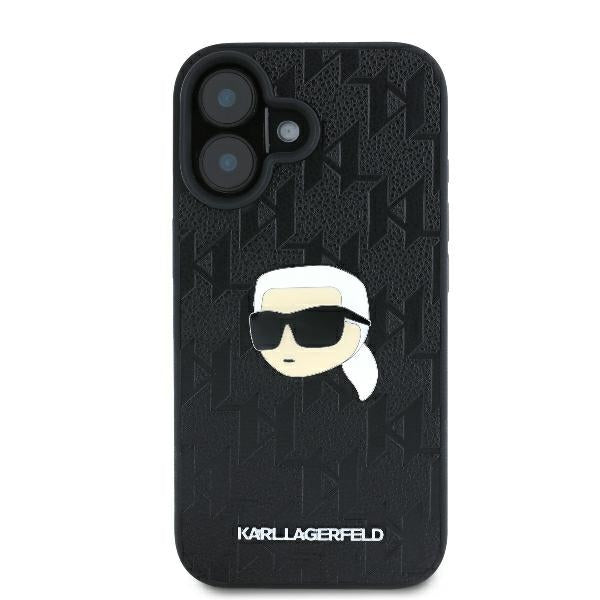 Hülle für Apple iPhone 16, Karl Lagerfeld, Monogram Karl's Head, Schwarz